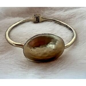 Hammered Gold Tone Hinged Bangle Bracelet Dome Oval Modernist Statement